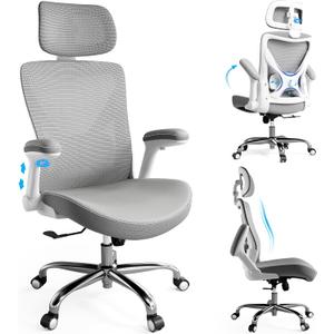 Ergalithic Ergonomic Office Chair-Computer X-Shaped Chair Mesh PU Leather with Adjustable Lumbar Support-Executive Desk Chair High Back with Headrest Flip-Up Arms for Long Hours (White-Grey)