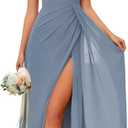 Women's One Shoulder Bridesmaid Dress Long Split Prom Dress A Line Pleated Dusty Blue Formal Dress for Women Size 10