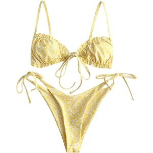 ZAFUL Women's Ditsy Floral Printed Swimsuit Underwired Knotted String Triangle Bikini High Cut Cheeky Bikini Set (Large)
