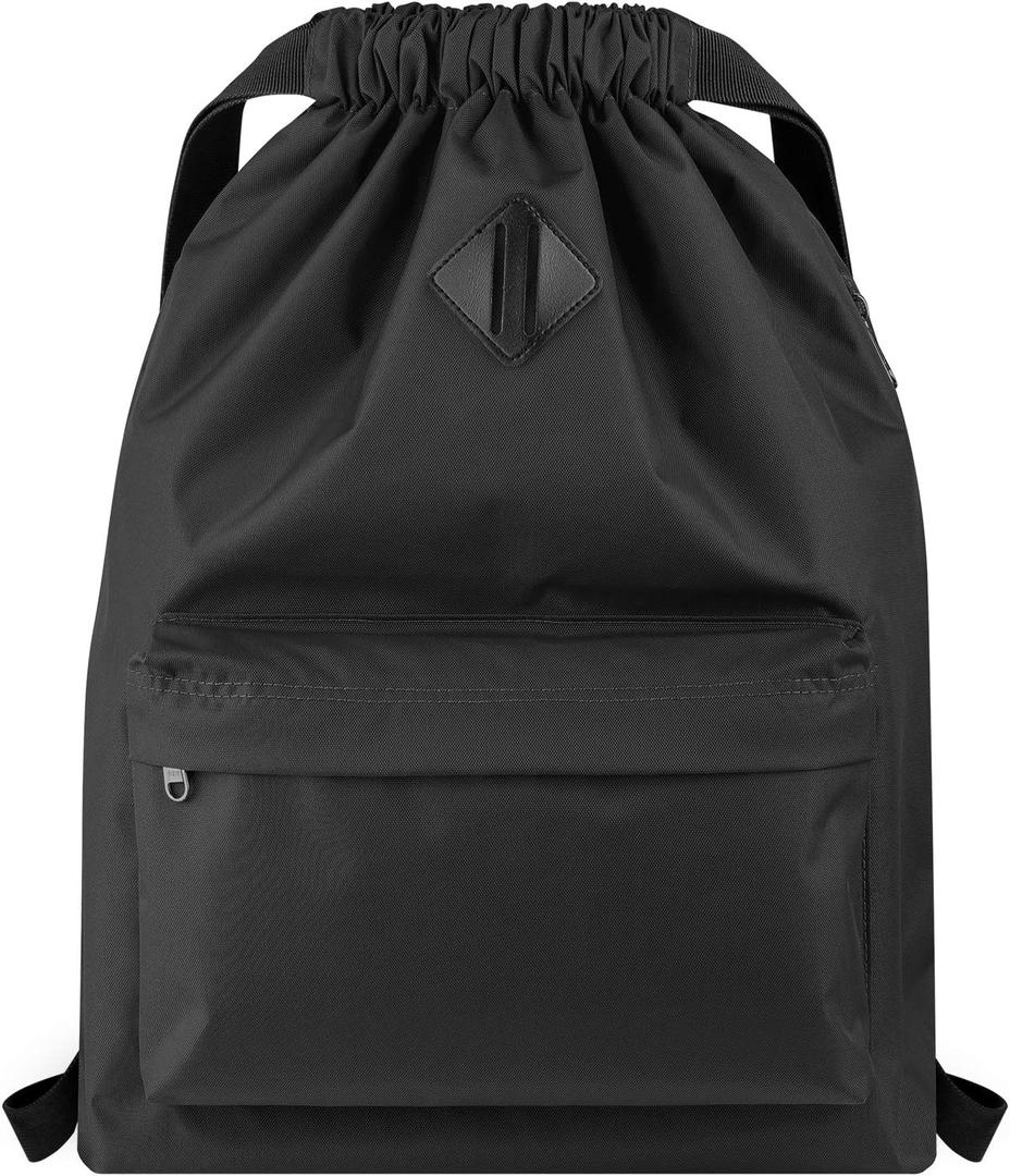 Vorspack Drawstring Backpack Water Resistant String Bag Sports Gym Sack with Side Pocket for Men Women (01-black)