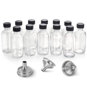 AOZITA 12 Pack, 2 oz Small Clear Glass Bottles w/Lid & 3 Funnels - 60ml Boston Shot Bottles for Health, Immunity, Potion, Wellness, Sample, Ginger, Juice - Mini Personal Care & Beauty Travel Bottle