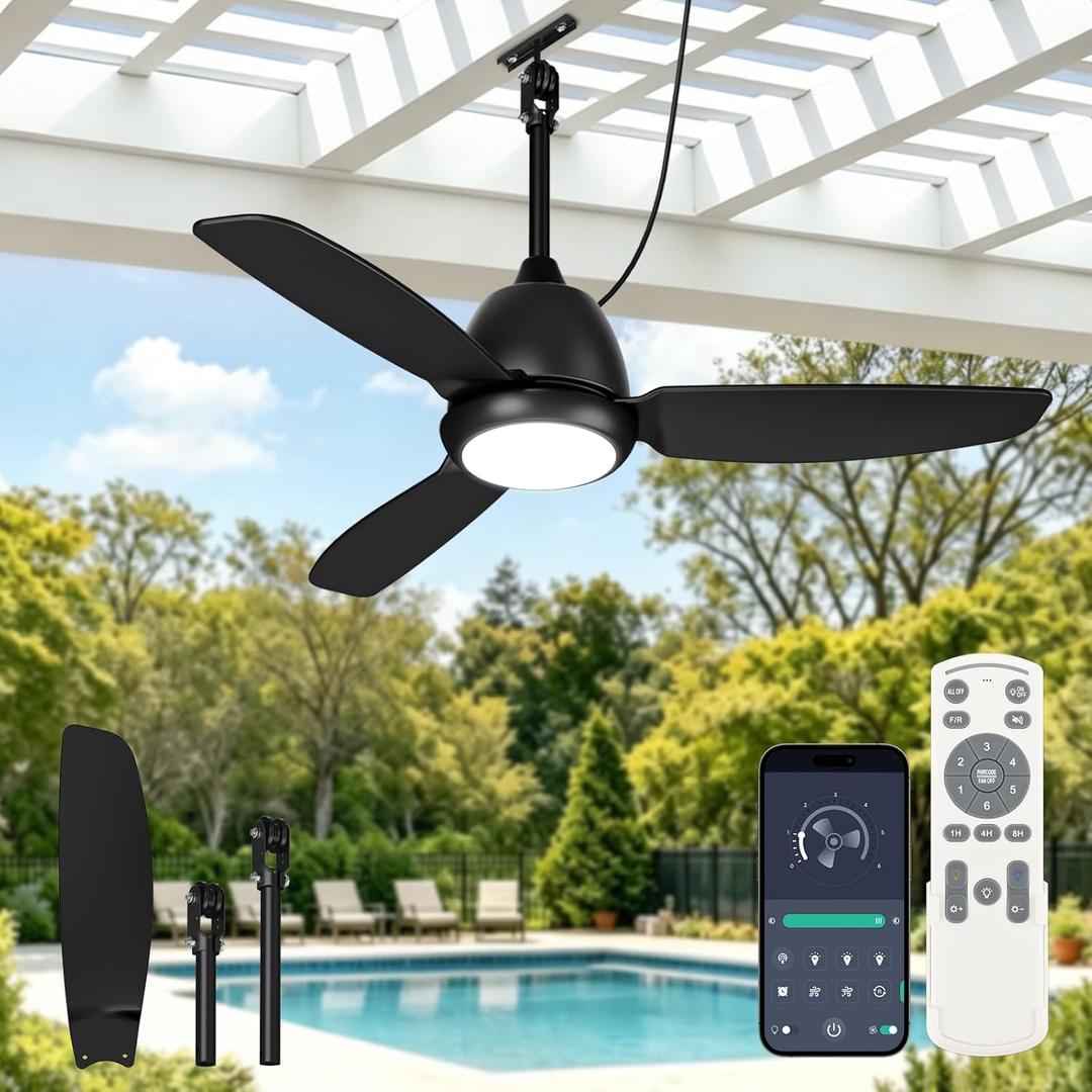 VOLISUN Outdoor Ceiling Fans with Light for Patios, 42in Weatherproof Plug in Ceiling Fan, 3CCT Dimmable Gazebo Ceiling Fan Remote&APP Control, Black Caged Ceiling Fan for Porch, Pergola,Canopy