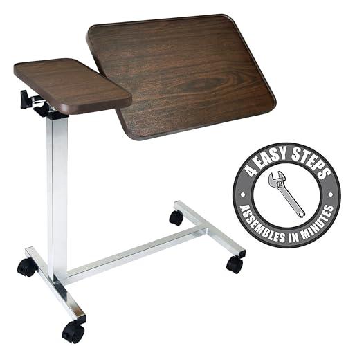 Vaunn Medical Pneumatic Adjustable Tilt Overbed Bedside Table with Wheels for Hospital and Home Use
