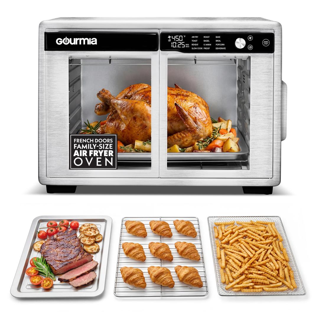 Gourmia French Door Digital Air Fryer Oven - XL 25QT Capacity, 12 Presets, FryForce 360° Tech, Dehydrate, Proof, Slow Cook, Fits 13” Pizza, 1700W, Stainless Steel