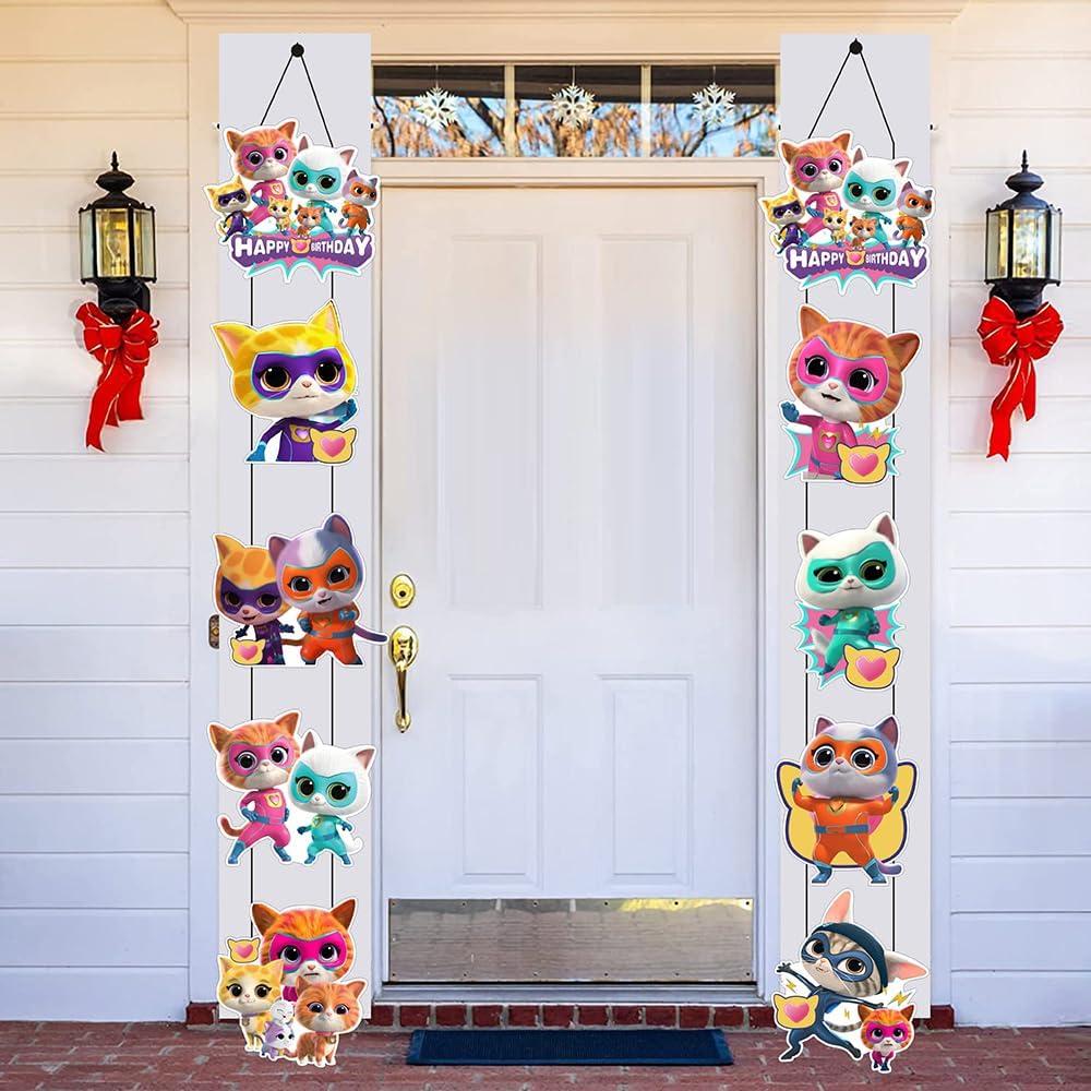 2pcs Super Cats Porch Sign Door Hanging Banner, Cute Animal Birthday Party Supplies for Kids Party Wall Decorations