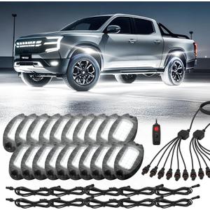 20 Pods Alloy Pure White LED Rock Light for Trucks Trailer Off Road RV Semi Trucks Van, IP68 Waterproof Aluminum Bright White Neon Underglow Light with Wiring Harness 6500K Metal Fender Lights