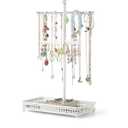 Meangood Jewelry Tree Stand Organizer 3in1 Necklace Organizer Display Bracelet Earrings and Ring Tray Jewelry Holder Hanger Metal（White）