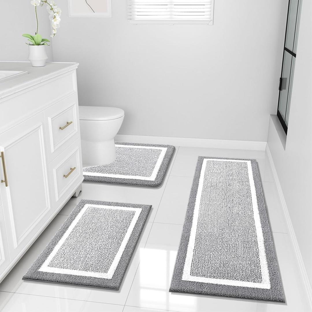 OLANLY Bathroom Rugs Sets 3 Piece, Soft Absorbent Microfiber Bath Mats and U-Shaped Contour Toilet Rug, Home Decor Accessories, Non-Slip, Bath Mat Set for Bathroom (47"x20"+24"x16"+24"x20", Grey)