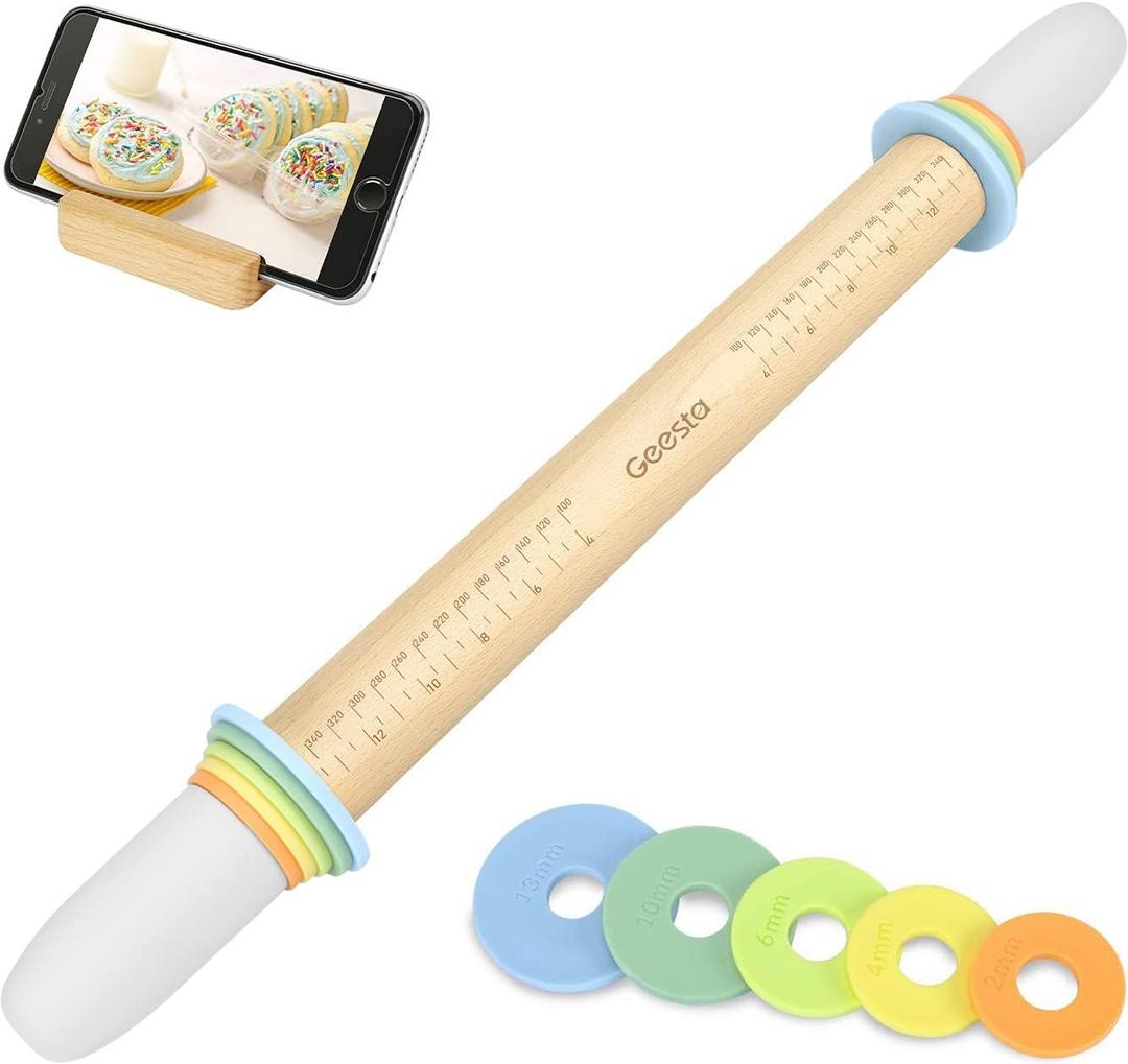 Geesta Adjustable Wood Rolling Pin with 5 Thickness Rings, Precise Dough Roller Handle Press Design with Measurement Guide for Baking Fondant, Pie Crust, Cookie, Pastry - Baking Essential (Multicolor)