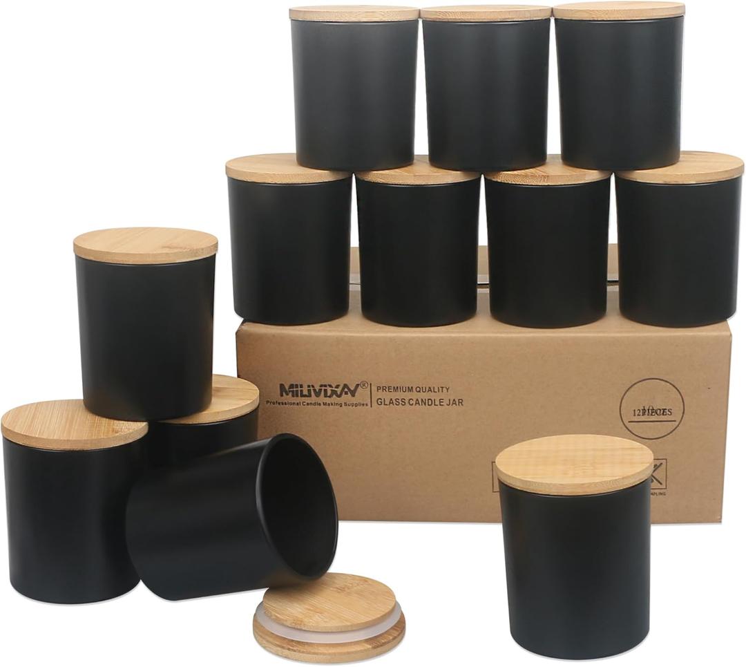 MILIVIXAY 12 Pack 10 OZ Matte Black Thick Glass Candle Jars with Lids - Bulk Empty Candle Jar for Making Candles - Spice, Powder Containers