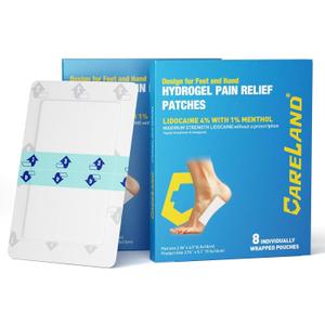 CARELAND Plantar Fasciitis Lidocaine Pain Patches with Hydrogel Technology- Waterproof with Sticky Border, 12 Hour Pain Relief - Contours to Your Foot - 16 Ct​