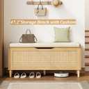 Keehusux 47.2" Rattan Storage Chest with Padded Seat Cushion, Natural Oak | Extra Large Storage Bench with 2 Safety Hinges, Storage Trunk with Solid Wood Legs & Rounded Corners for Entryway, Bedroom