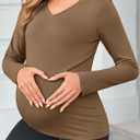 Yousify Womens Maternity Tops V Neck Long Sleeve Fitted Tunic Shirts Casual Basic Tees Mama Pregnancy Clothes (Brown)