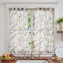 jinchan Floral Kitchen Curtains 45 Inch Linen Tier Curtains Farmhouse Cafe Half Window Drapes for Small Windows Light Filtering Black on Beige for Living Room Bathroom Back Tab 2 Panels