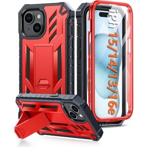 FNTCASE for iPhone 15 Case: for iPhone 14 Case & iPhone 13 Case [Built-in Screen Protector & Kickstand] [Military Grade Drop Protection] Heavy Duty Full Protective Shockproof TPU Phone Cover - Red