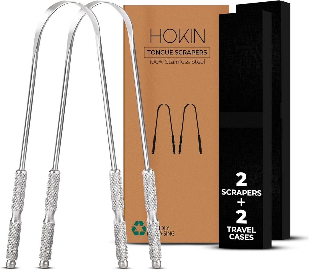 Tongue Scraper for Adults by HOKIN (2Pcs Oral Care Pack) Stainless Steel Tongue Cleaners Reduce Bad Breath 100% Metal Tough Scrapers Men and Women Hygiene Product (Silver)