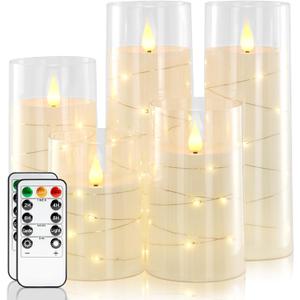 Homemory Pure White Flameless Candles with Embedded Star String Fairy Lights, Battery Operated Candle, LED Candles, Fake Candles with Remote Control and Timer, Set of 5(H4"5"6"8"8")