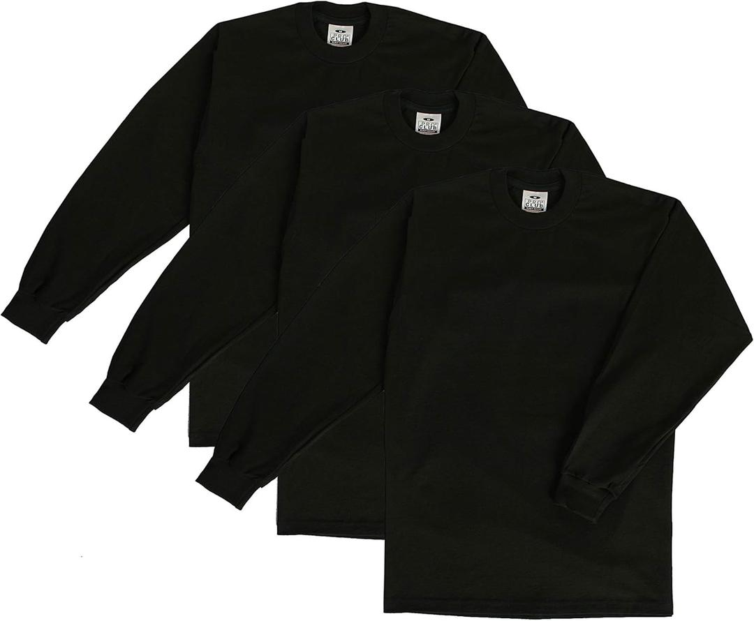 Pro Club Men's 3-Pack Heavyweight Cotton Long Sleeve Crew Neck T-Shirt (X-Large, Black)