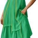 Wenrine Womens Summer V Neck Midi Dress Casual Ruffle Sleeve Contrast Color Loose Fit Flowy Long Dresses (S)