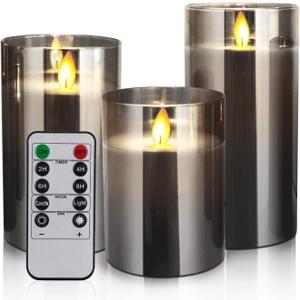 Glass Flameless Candle,Battery Candles Flickering,Battery Operated Candle with Timer Remote, LED Candles Warm Color Flame Light for Festival Wedding Home Decor (Gray)