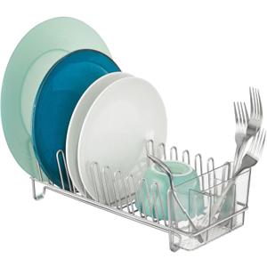 mDesign Kitchen Sink Dish Drainer  Small Metal and Plastic Dish Rack for Kitchen Sink  Ideal for Plates and Cutlery Basket  Chrome/Clear