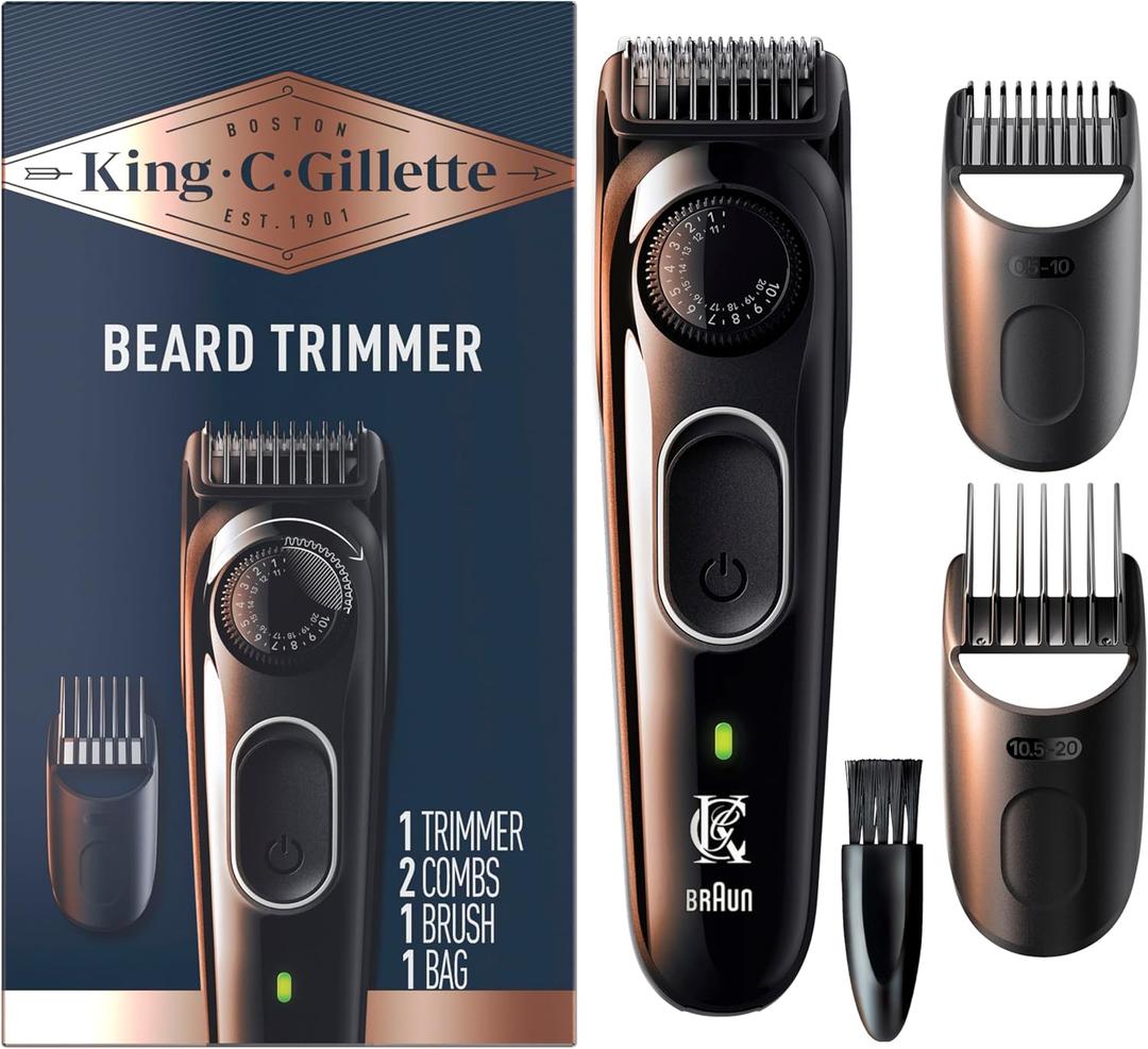 King C. Gillette Cordless Beard Trimmer for Men, Kit includes 1 Trimmer, 3 Interchangeable Combs, 1 Cleaning Brush, 1 Charger, 1 Travel Bag, BLUE