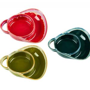 FoldTier 3 Pcs 24 oz Chip and Dip Bowl Soup and Side with Handle Serving Bowl Ceramic Soup and Sandwich Plate for Breakfast Cookies Fruits, Red, Army Green, Navy Blue