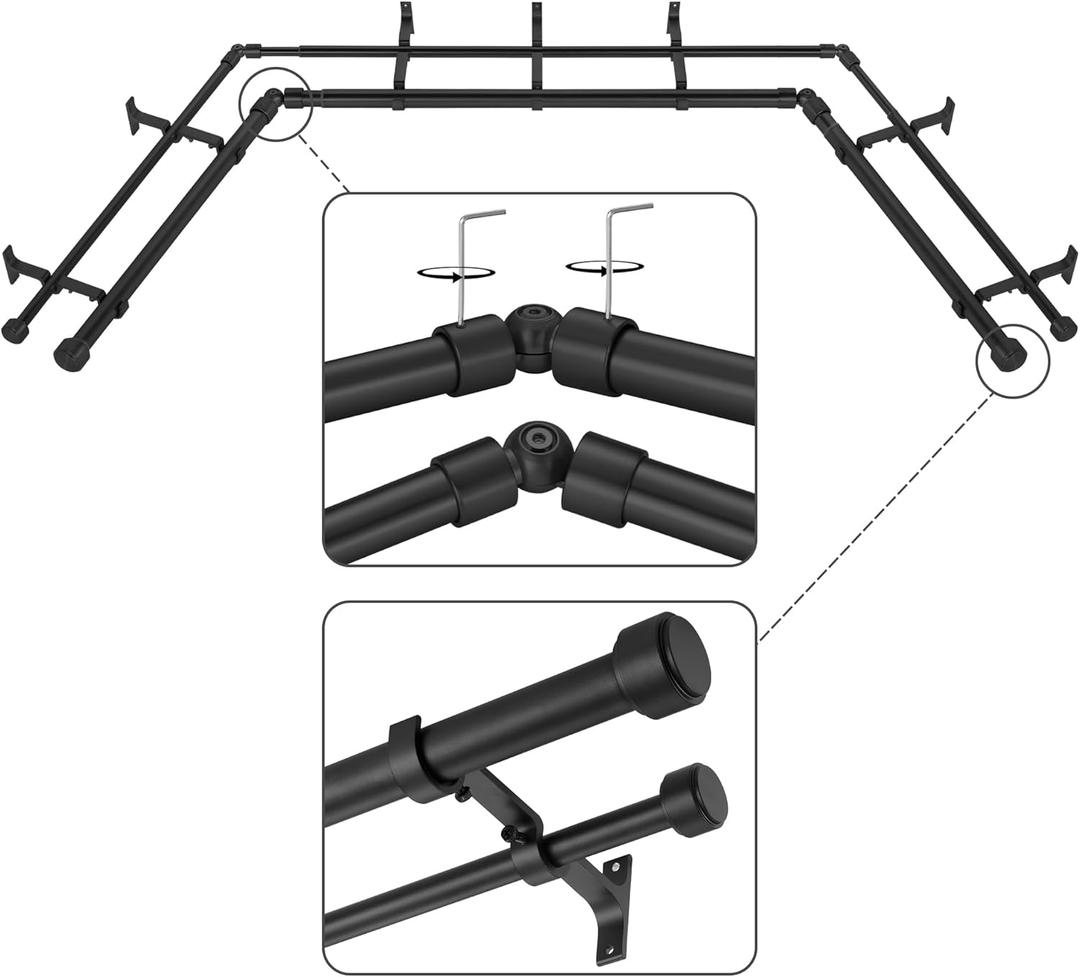 Black Double Corner Window Curtain Rods with Aluminum End Cap Finials and Brackets,1 Inch Diameter Dual Bay Window Curtain Rods, Adjustable 2 Sided 20-36" and 36-72" Center Double Rod
