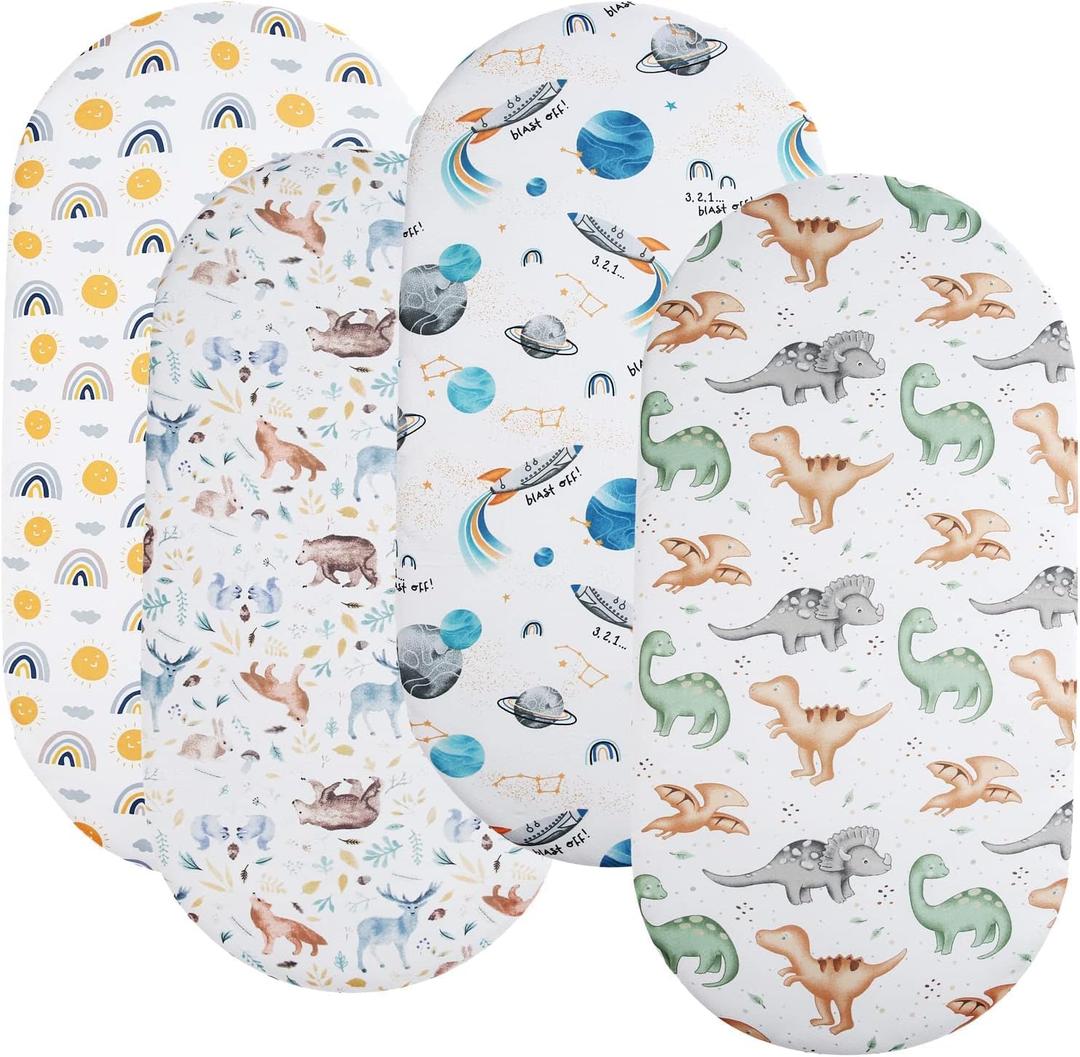 Bassinet Sheets 4 Pack Compatible with AMKE Baby Bassinets, RONBEI, Pamo Babe, HARPPA, Newton Bassinet Stretchy Ultra Soft Sun/Forest Deer/Space/Dinosaur