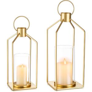 Gold Lanterns Decorative Indoor: Set of 2 Lanterns with Glass for Wedding Table Centerpieces Candle Holder for Fireplace Patio Porch Modern Home Decor