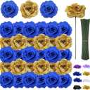108pcs Roses Head Flowers with Stem - Blue & Gold Artificial Flowers Rose Bulk - Silk Royal Blue Gold Rose Fake Flower for Wedding Bouquet Home Baby Shower DIY Centerpieces Tables Grad Party Decor