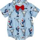 Baby Boy 4th of July Outfit American Flag/Popsicle/Cactus Dress Shirt Bodysuit Lapel Button Short Sleeve Romper (3-6 Months, Light Blue)