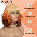 NOBLE Short Bob Wigs with Bangs for Women 3 Tone Ombre Color Synthetic Shoulder Length Curly Wavy Blonde to Orange to Ginger Wig Natural Looking Heat Resistant Colorful Daily Party Cosplay Bob Wigs.