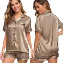 SWOMOG Womens Silk Satin Pajamas Set Short Sleeve Sleepwear Button Down Top and Shorts Loungewear 2 Piece Pjs Set XS-3XL (Small, Opaue Couche)