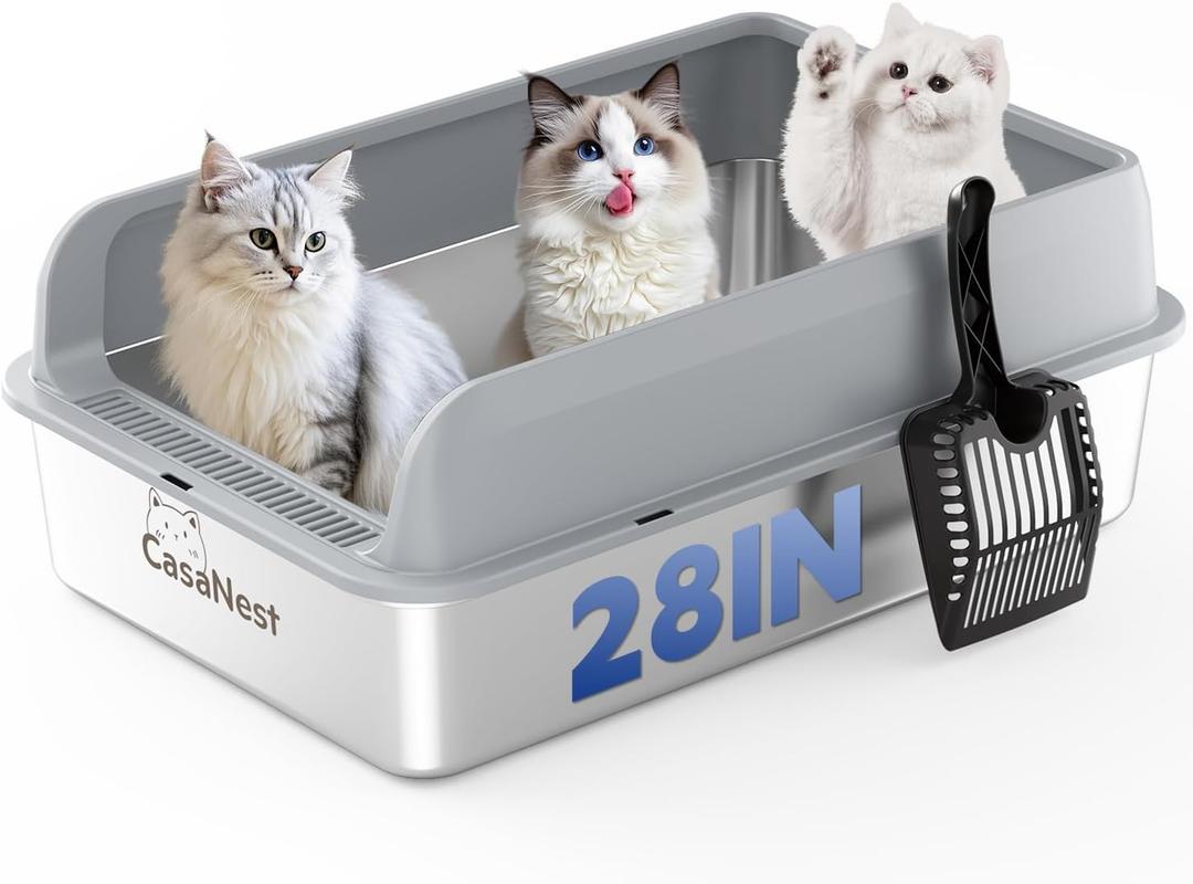 XXXL Stainless Steel Cat Litter Box with Lid 28.1''20.5'' 10.1 Extra Large Metal Cat Litter Box for Big, Multi Cats, Anti-Leakage & Non-Stick Metal Pan, Easy to Clean, Durable (Dark Grey