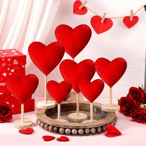 Wenqik 7 Pcs Valentines Day Decorations Velvet Flocked Heart Table Decor Heart Shape Tabletop Centerpiece Tall Standing Wooden Sign Valentines Day Decor for Home Office Shelf Mantel(Red)