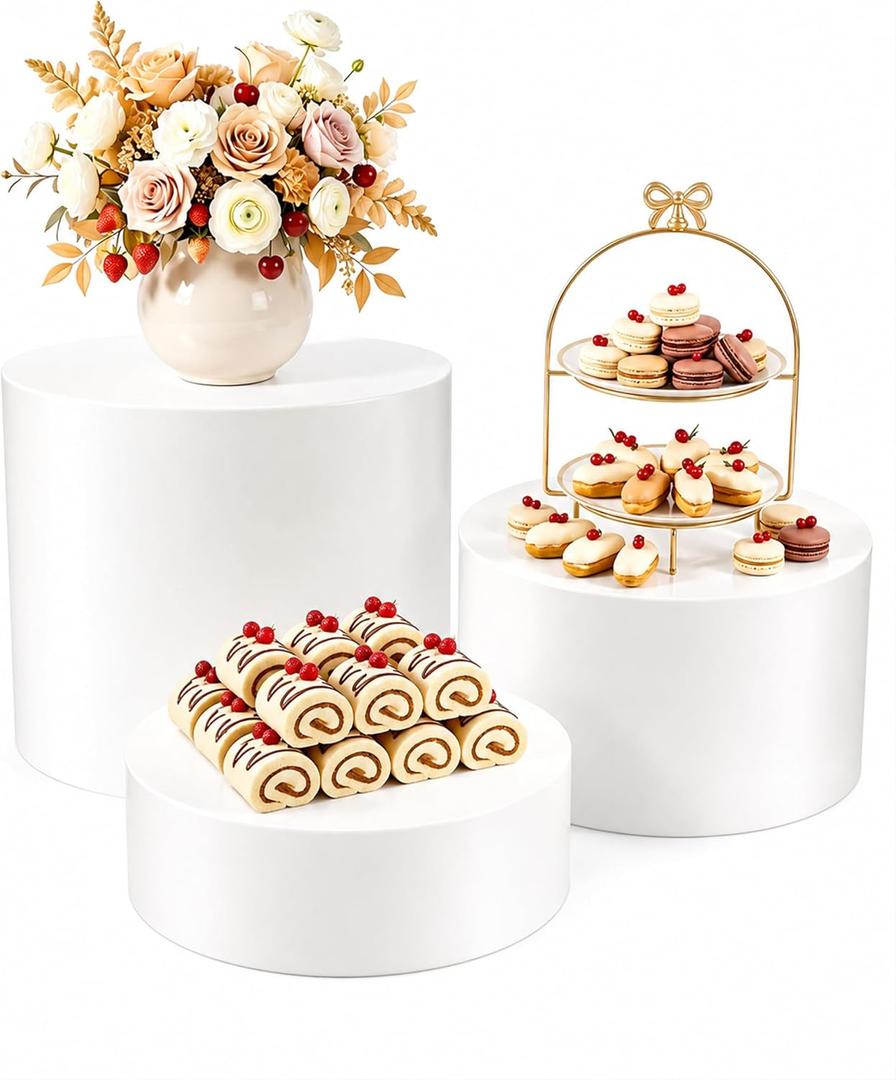 Buffet Risers, 3 Pcs White Round Acrylic Stands for Party & Events
Food-Grade Acrylic, Nestable & Stackable, 2-in-1 Display/Storage, Easy to Clean, 6"-8" Range, For Catering/Dessert/Jewelry