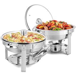 ROVSUN 5 Qt 2 Pack Chafing Dishes for Buffet, NSF Stainless Steel Round Chafers for Catering, Buffet Servers and Warmers Set with Glass Lid & Lid Holder, Stackable Design for Wedding Party Event