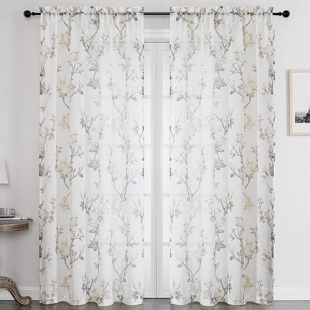 SMILE WEAVER White Sheer Curtains 84 inch Length 2 Panels for Living Room,Floral Semi Sheer Curtain-Rod Pocket Voile Linen Textured Privacy Light Filtering Window Drapes for Bedroom/Kitchen