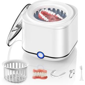 Ultrasonic Retainer Cleaner, 48kHz Retainer Cleaner Machine for Dentures, Mouthguard, Braces, Night Guard, Toothbrush, Jewelry with 7.8OZ Dental Cleaning Pod-Cool White