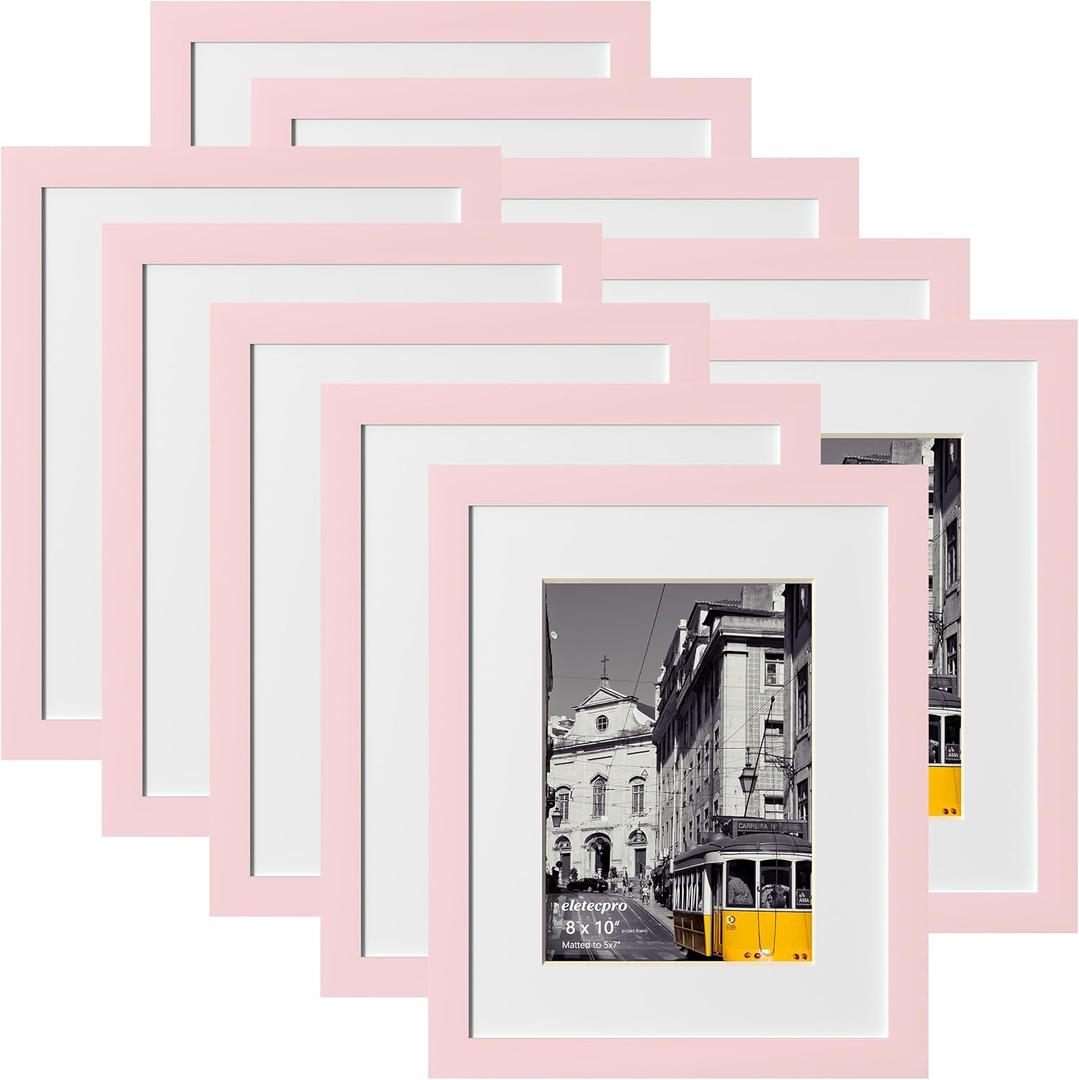 eletecpro 8x10 Picture Frames Set of 10, Picture Frame Collage Wall Decor Display 5x7 Photo with Mat or 8x10 Without Mat, Home Decor Gallery Frame for Table Top or Wall Mounting, Pink