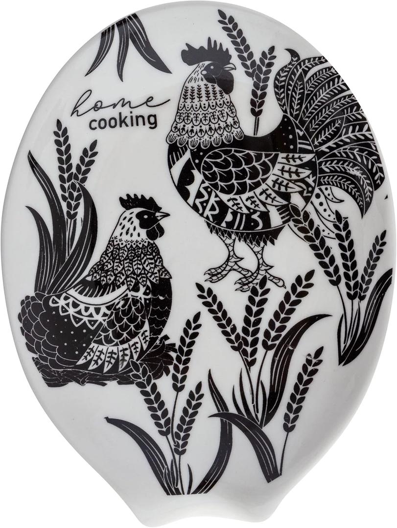 Karma, Boho Spoon Rest, Black and White Ceramic Spoon Rest, Ceramic Spoon Rest for Countertop, Rooster