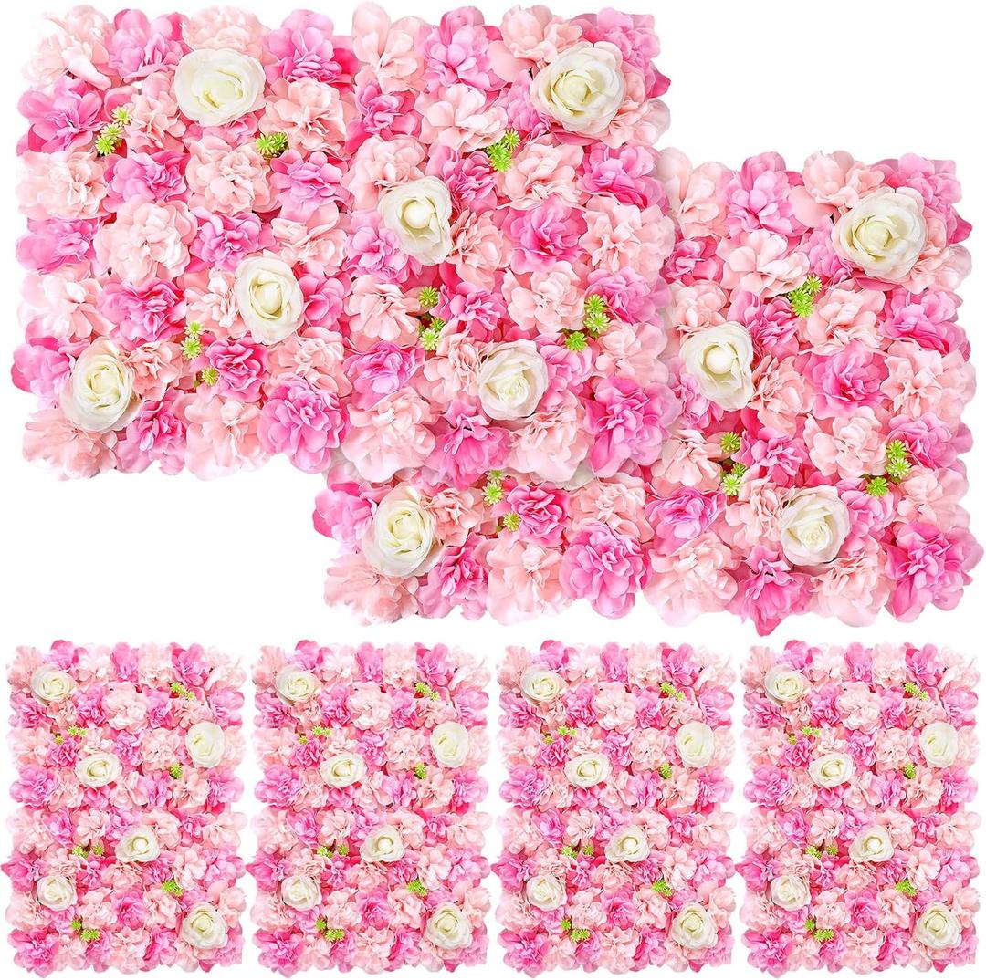 Tigeen 6 Pcs Flower Wall Panels 3D Silk Rose Floral Decorative Faux Flower Wall Background for Wedding Home Decoration Background Shop Party Photo Arrangement(Pink, White,24 x 16 Inch)