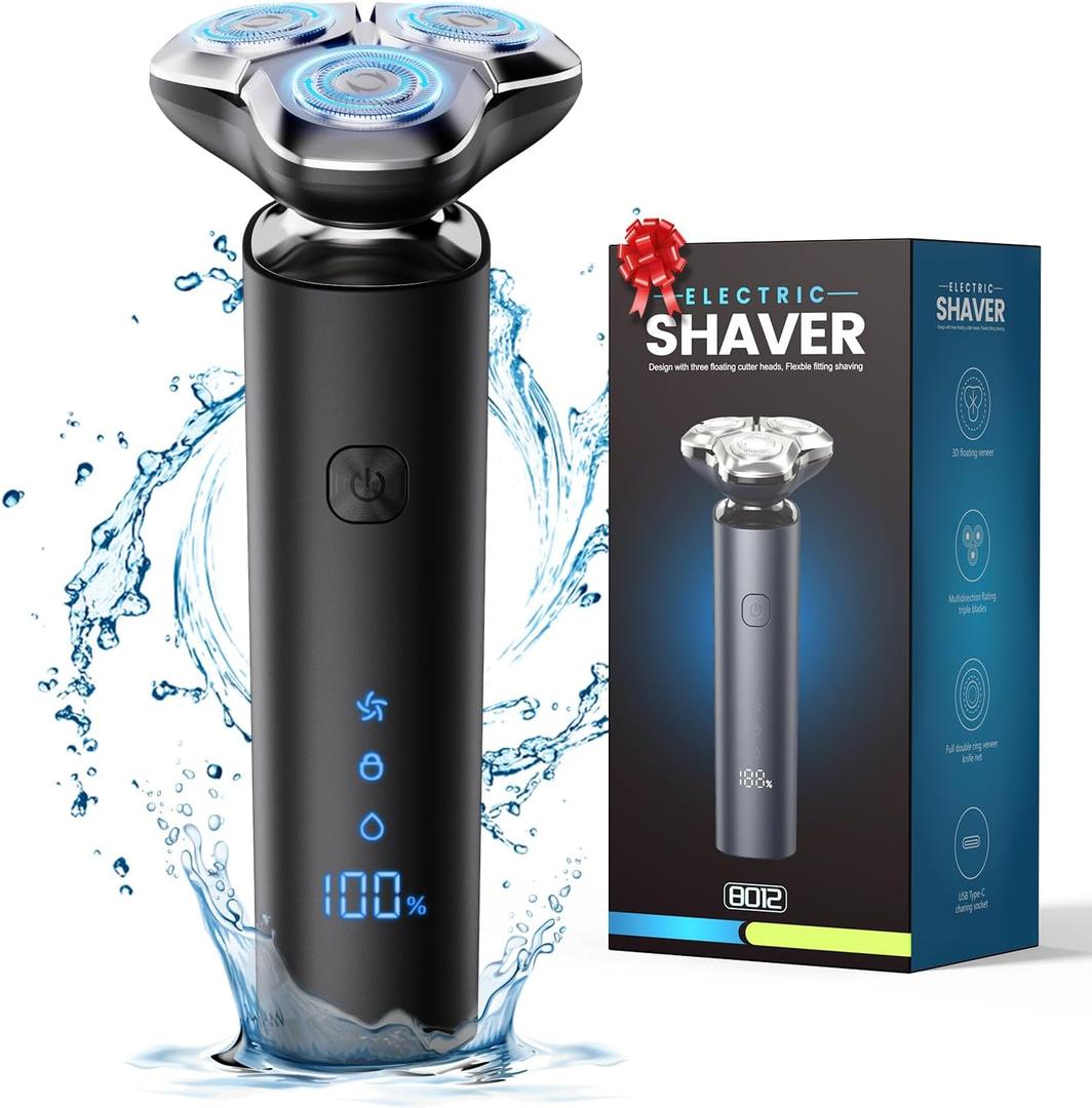 Electric Razor for Men, Men's Electric Shaver, 3-Blade Rotary Shaving System, Touch Switch, Type-C Fast Charging, LED Display, Travel Lock, 90+ Minutes Run Time (Inky)