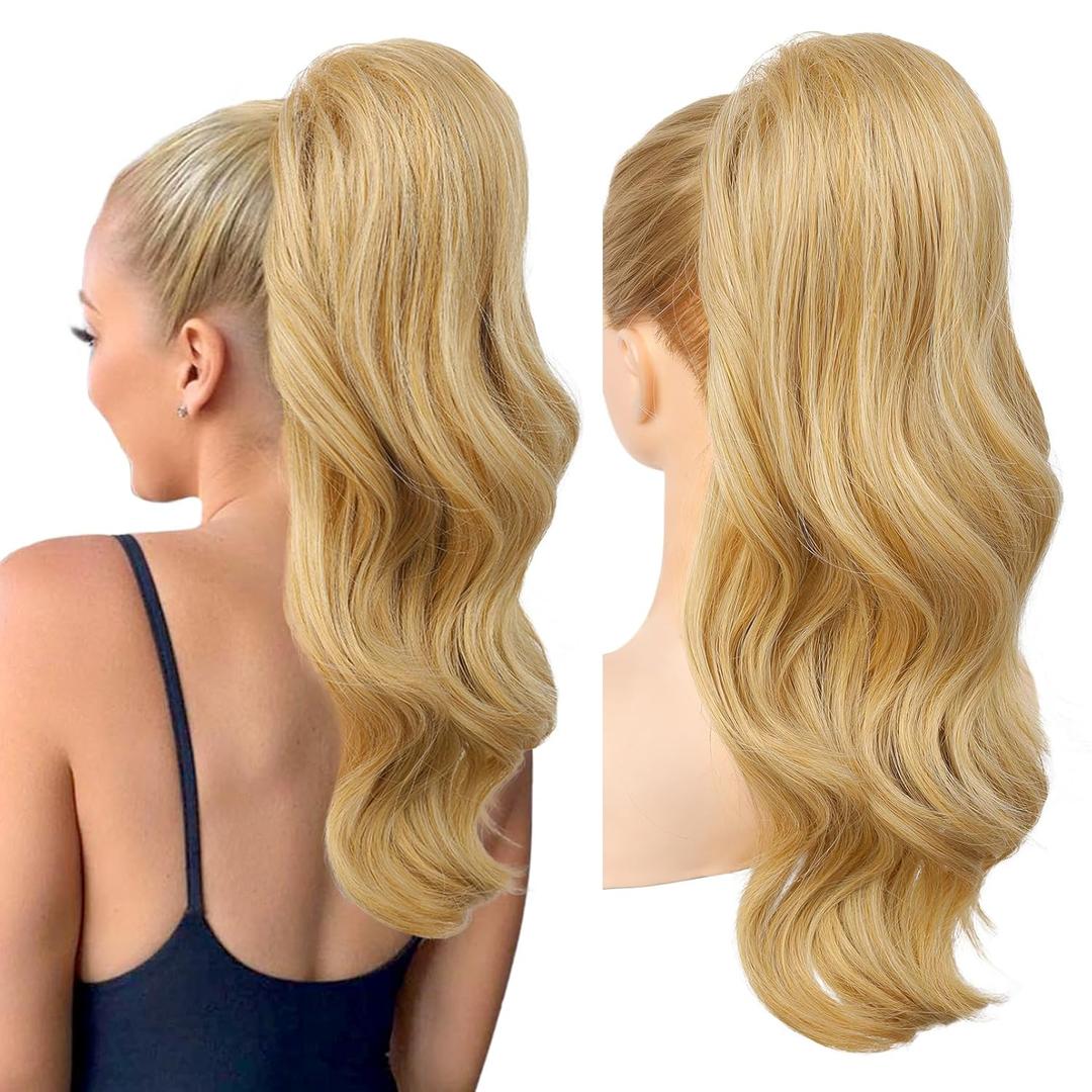 REECHO Ponytail Extension, Drawstring Ponytail Extension Long Wavy Layered Pony Tails Hair Extensions 22inch Natural Clip in Synthetic Hairpiece for Women, Golden Blonde with Highlights