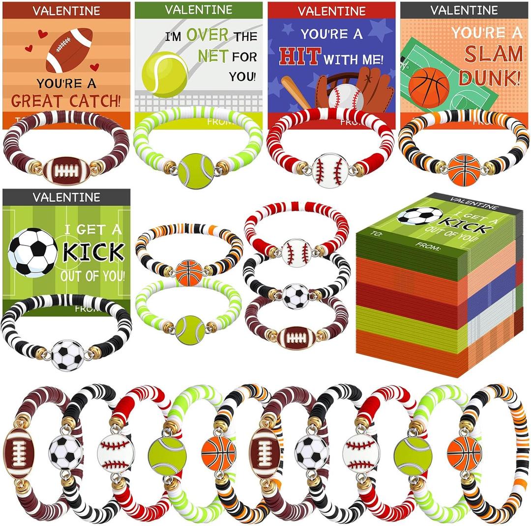 Huquary 30 Pack Valentines Day Exchange Gifts Sports Bracelets with Valentines Cards Bulk Football Basketball Soccer Baseball Tennis Clay Beaded Bracelets for Sports Party Favor Prize Reward