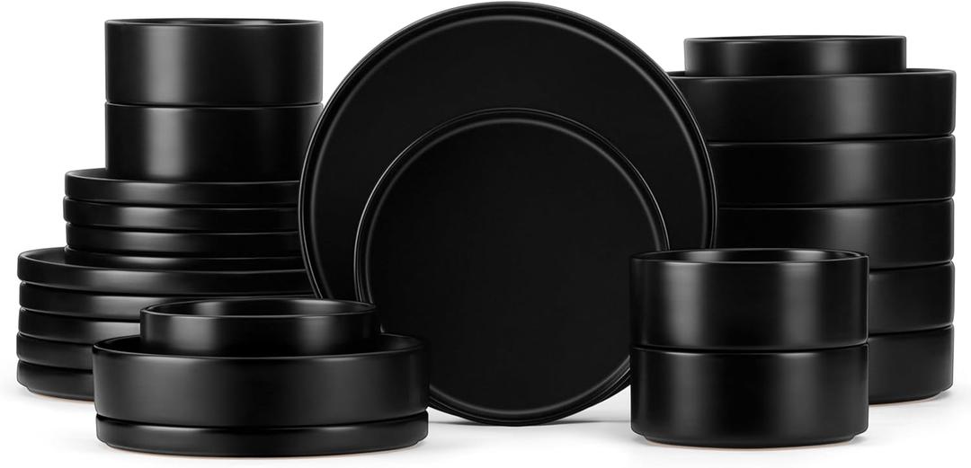Herogo Dinnerware Sets with Pasta Bowls for 6, 24 Piece Dinner Salad Plates and Cereal Serving Bowls, Stoneware Dishes Dinner Ware for Home Kitchen, Dishwasher & Microwave Safe, Matte Black