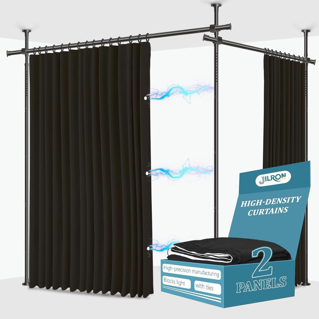 JILRON No-Drill Room Divider Curtains Set: Includes 106" W x 96" L Black Curtain 2-Panel & Adjustable Pole Brackets (72-200" W x 43-120" H Adjustable Range)