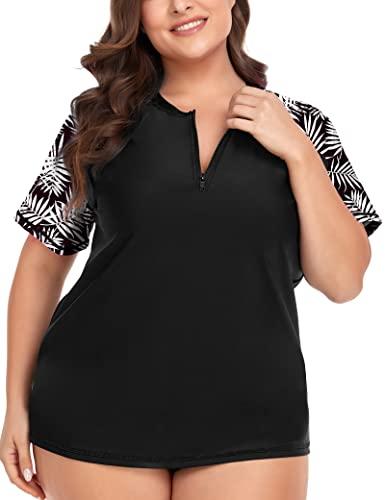COOTRY Womens Plus Size Rash Guard Short Sleeve Swim Shirt UPF 50+ Sun Protection Zip Swimsuit Tops Black + Leaves 2XL