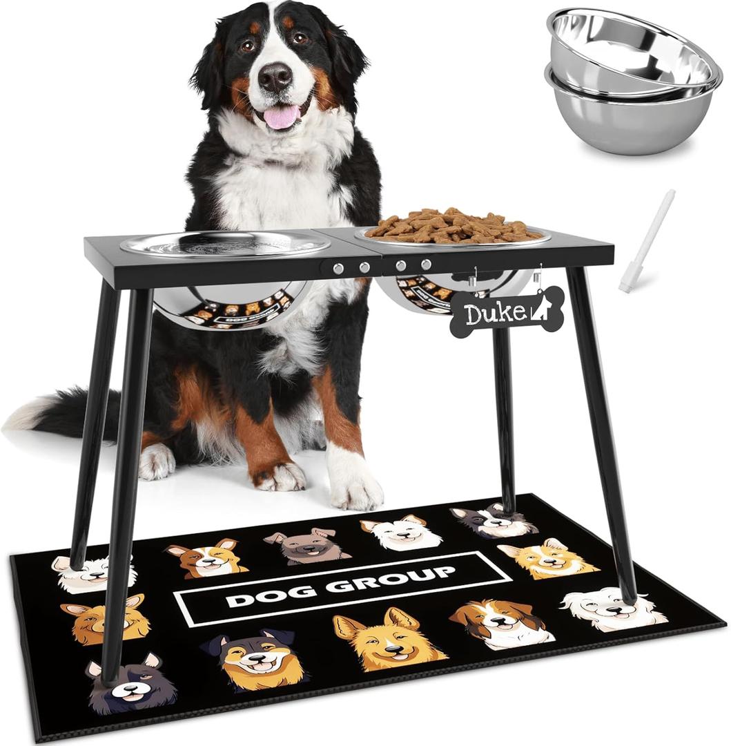 Metal Elevated Dog Bowls, 17in Tall Raised Dog Bowl Stand, Dogs Raised Stand with 3000ml Stainless Steel Bowls and Sprill Proof Mat for Extra Large Breeds (Black-XX)